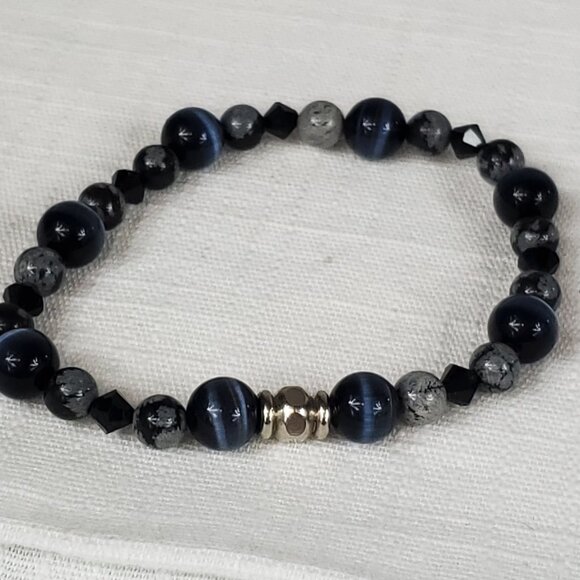 Black Cats Eye Beading Granite Beading Stretch Bracelet & Post Earrings To Match - Picture 5 of 9